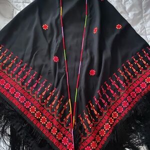 Beautiful Palestinian Hand Embroidered Colorful Black and Red Embroidered Shawl